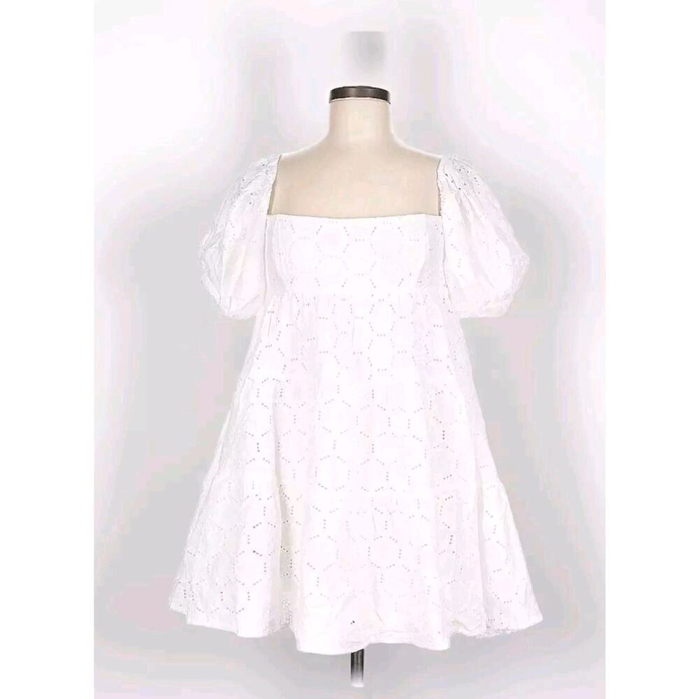 Bardot Womens 6 Babydoll Dress Sofia Eyelet Mini White Revolve Lace Off Shoulder - Picture 3 of 12